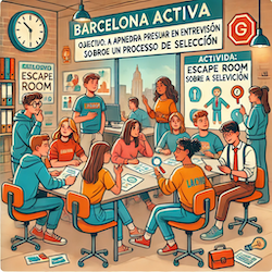 Alumnes de Màrqueting i Publicitat en una excursió a Barcelona Activa participant en un Escape Room sobre el procés de selecció laboral per desenvolupar habilitats d'entrevista.