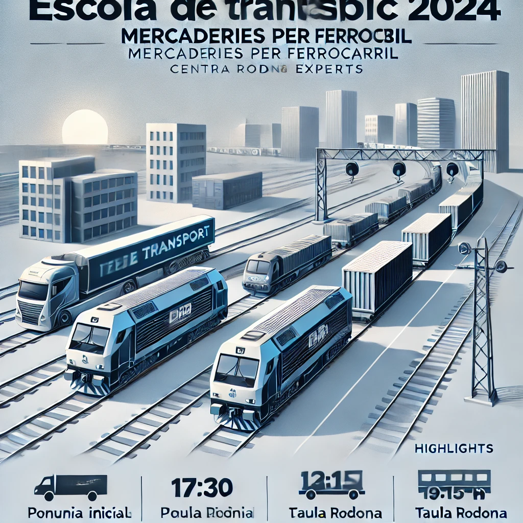 Cartell informatiu de l'Escola de Transport Públic 2024 amb detalls sobre l'esdeveniment dedicat al transport ferroviari de mercaderies, incloent data, hora, lloc i activitats destacades.