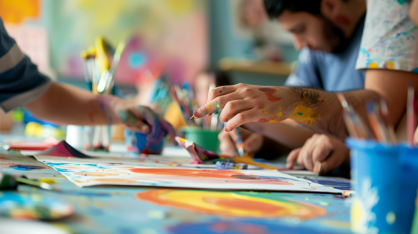 Estudiants de 1r d’Educació Infantil del Centre d’Estudis Politècnics participant en una sessió vivencial d’Educació Creadora amb dibuix i pintura lliure a l’Escola La Pau.