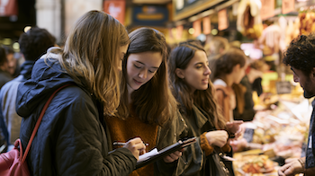 Alumnat de 1r de Màrqueting i Publicitat analitzant la comunicació, la identitat de marca, el microentorn i el comportament del consumidor durant la visita a Mercat de Mercats.
