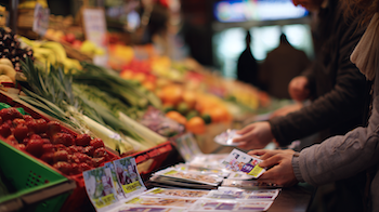 vocational commerce students organizing a solidarity fresh food collection at Mercat de Santa Caterina in Barcelona, colorful fruit and vegetable stalls, campaign posters visible, hands handling fresh produce and information leaflets, side angles and partial profiles, faces softly blurred or out of focus, vibrant market atmosphere, realistic documentary photography, daylight, 4k --ar 16:9 --style raw --q 1 --s 50 --no recognizable faces