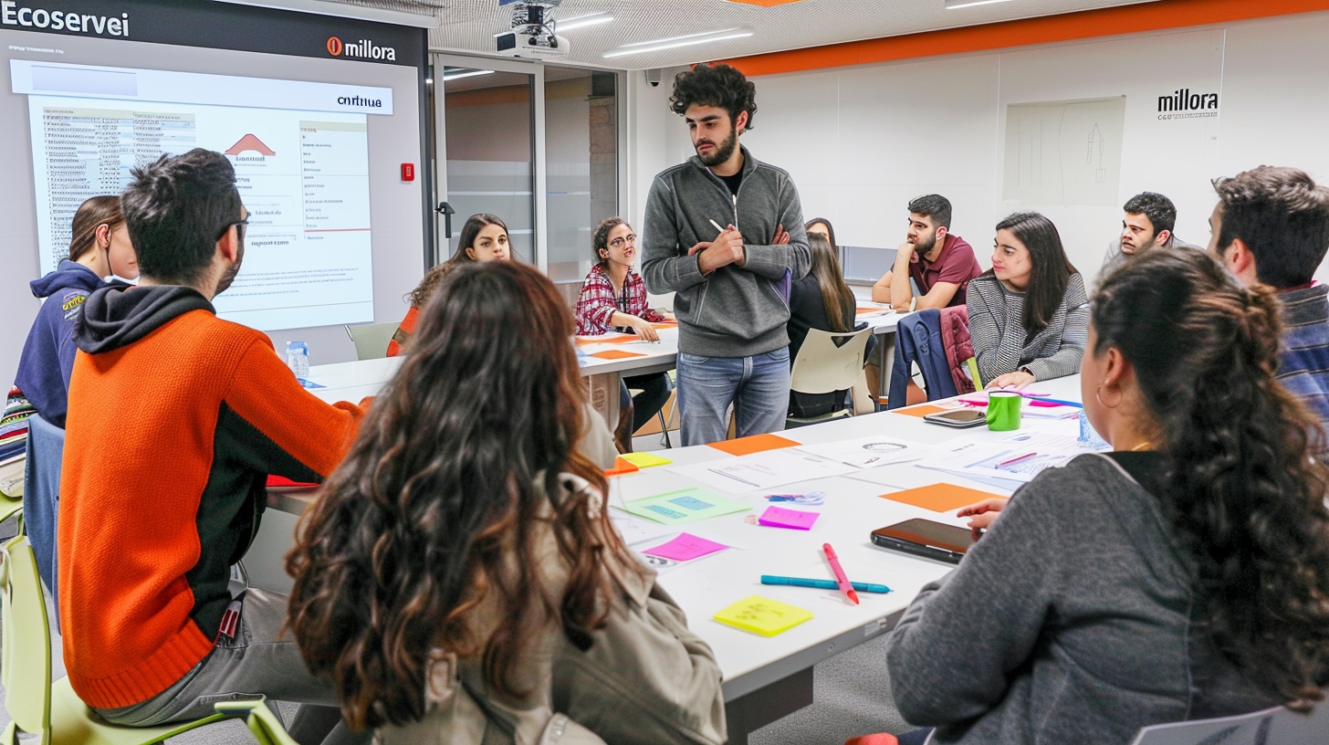 Interactive entrepreneurship workshop in a classroom, 16:9. A group of vocational education students working in teams around tables, discussing business strategy with printed sheets, financial charts, sticky notes and decision-making boards. A professional guest speaker standing and guiding them, referencing a real company case study on a screen ("Ecoservei - millora contínua"). Warm lighting, modern classroom environment, collaborative and practical atmosphere. Realistic editorial photography, cinematic but authentic, no staged stock photo look.
