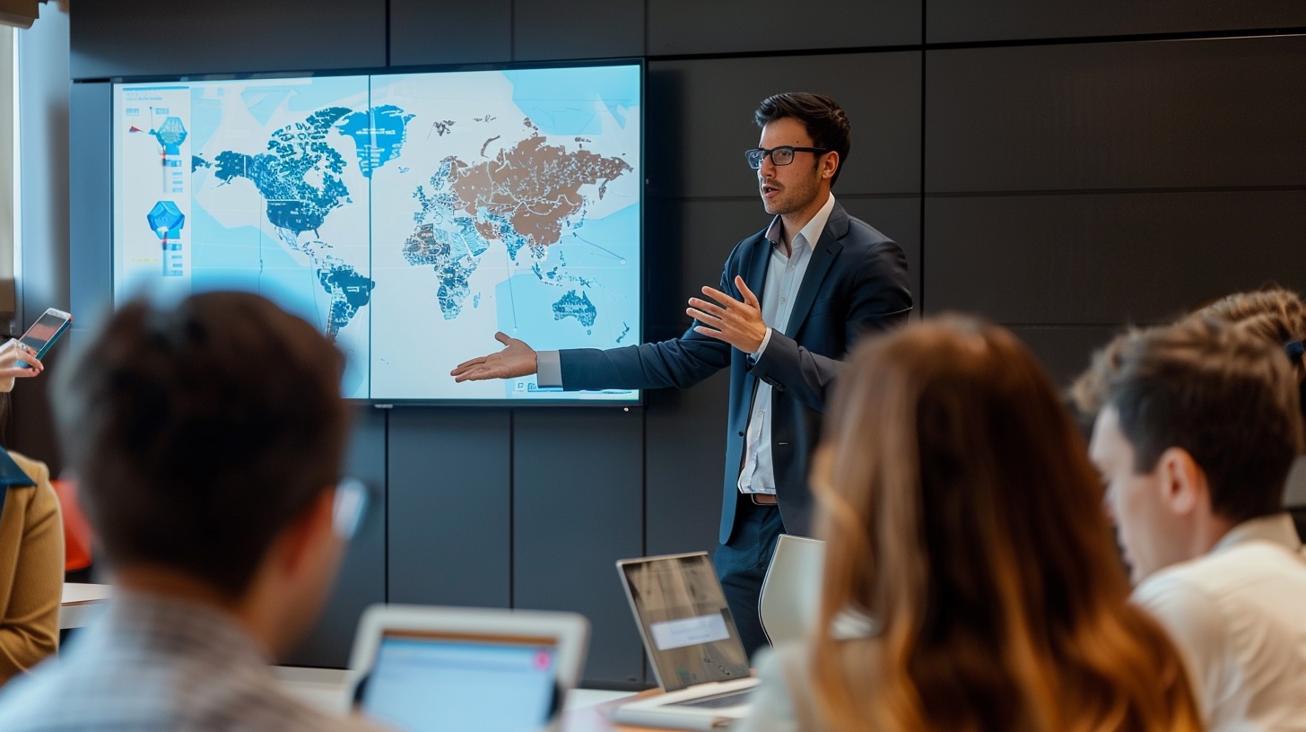 Modern business workshop on international expansion, 16:9. A professional speaker presenting to a group of young entrepreneurs or students in a conference room, with a large screen displaying a world map with trade routes and global connections. Elegant corporate environment, natural lighting, minimalist design. People engaged, taking notes, asking questions. Subtle Catalan business identity without flags. Inspiring but realistic tone, not stocky. Editorial photography style, cinematic depth of field.