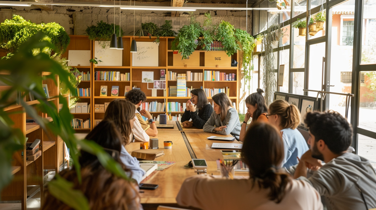 Estudiants del cicle d’Educació Infantil visitant el Servei de Documentació d’Educació Ambiental a La Fàbrica del Sol, envoltats de llibres, materials pedagògics i plantes en un espai sostenible i lluminós.