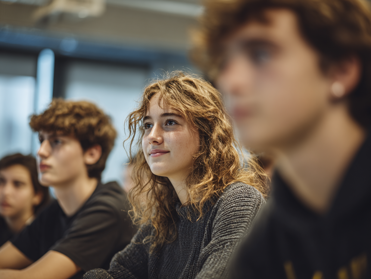 Estudiants del Centre d’Estudis Politècnics assistint a una sessió del programa Escola i Empresa en una aula moderna, amb projector i llum natural, escoltant una ponència sobre empresa i emprenedoria.