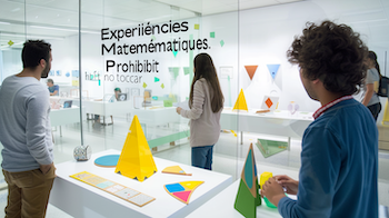 Estudiants adults de 1r d’Educació Infantil del Centre d’Estudis Politècnics analitzant l’exposició interactiva “Experiències Matemàtiques. Prohibit no tocar”, reflexionant sobre la seva aplicació a l’etapa 0-6.