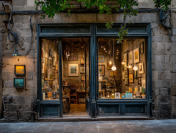 Aparadors artístics al barri Gòtic de Barcelona amb obres creatives exposades, carrers estrets amb façanes de pedra i llum natural mediterrània.