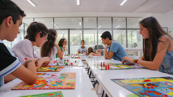 Estudiants de 1r d’Educació Infantil del Centre d’Estudis Politècnics participant en una formació sobre jocs de taula com a eina educativa, dins d’una aula blanca amb parets de vidre.