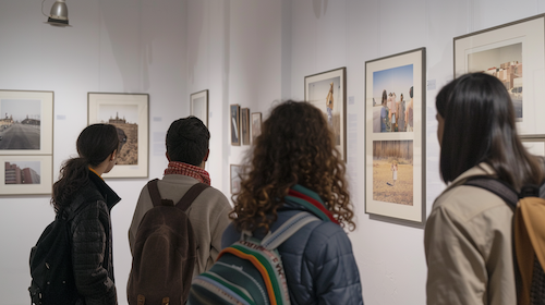 Estudiants de 1r d’Educació Infantil del Centre d’Estudis Politècnics observant una exposició fotogràfica sobre la situació de les dones privades de llibertat a l’Espai Francesca Bonnemaison.