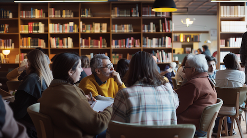 Estudiants de 2n de Màrqueting i Publicitat del Centre d’Estudis Politècnics participant en un taller intergeneracional sobre desinformació i Europa a la Biblioteca Sagrada Família.