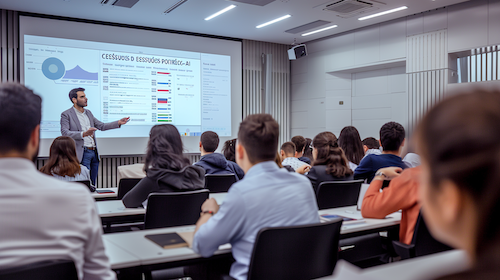 Estudiants de 2n d’Administració i Finances del Centre d’Estudis Politècnics assistint a una xerrada sobre facturació i intel·ligència artificial a càrrec de l’exalumne Sergi Portolés.