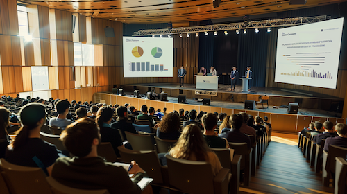 Estudiants de 1r de Comerç Internacional i 1r de Transport i Logística del Centre d’Estudis Politècnics assistint a la jornada Beyond Catalonia, amb ponències i tallers sobre comerç global i internacionalització.