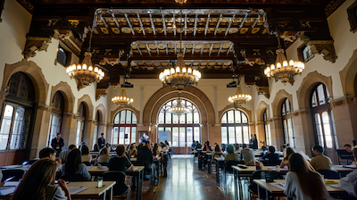 Estudiants de 1r de Comerç Internacional i 1r de Transport i Logística del Centre d’Estudis Politècnics assistint a l’Euro-Mediterranean Economic & Business Forum 2025 a la Casa Llotja de Mar.