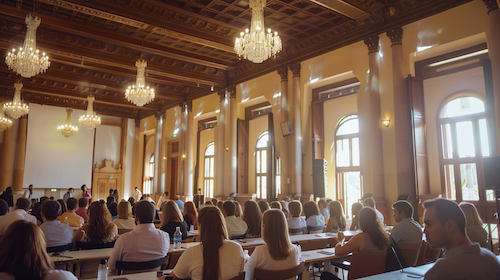 Estudiants de 2n de Comerç Internacional del Centre d’Estudis Politècnics assistint a l’Euro-Mediterranean Economic & Business Forum 2025 a la Casa Llotja de Mar, durant una ponència sobre el futur econòmic del Mediterrani.