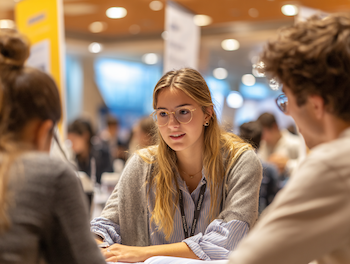 Estudiants de Gestió Administrativa participant en la Fira d’Empreses Simulades a Bilbao, dins d’un recinte firal amb estands moderns i material corporatiu.