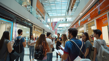 Estudiants de 1r d’Activitats Comercials del Centre d’Estudis Politècnics visitant el centre comercial Westfield Glòries per descobrir el seu perfil professional observant diferents punts de venda.